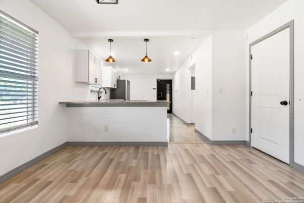 Interior, Kitchen, Pendant Lights, Recessed Lighting, Wood Texture Flooring