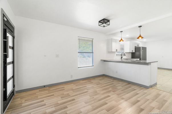 Interior, Kitchen, Pendant Lights, Stainless Steel Appliances, Wood Texture Flooring