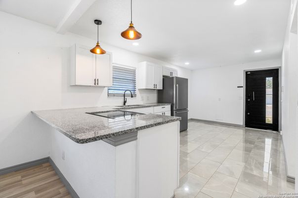 Interior, Kitchen, Pendant Lights, Recessed Lighting, Wood Texture Flooring