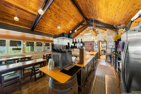 Dining room, Interior, Kitchen, Pendant Lights, Stainless Steel Appliances, Stone Walls, Wooden Beams, Wooden Ceilings