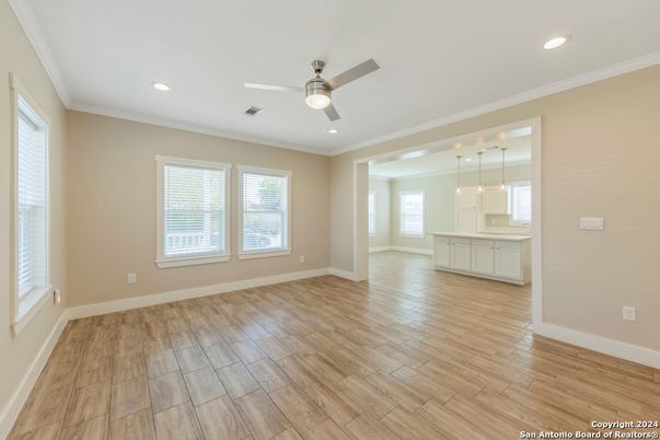 Empty room, Interior, Kitchen, Pendant Lights, Recessed Lighting, Wood Texture Flooring