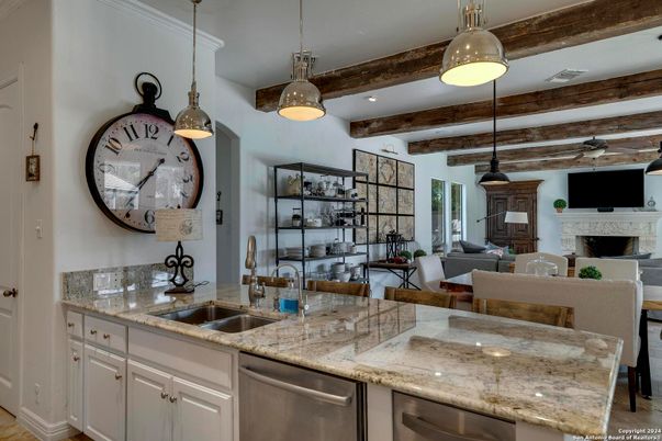 Fireplace, Interior, Kitchen, Living room, Pendant Lights, Recessed Lighting, Wooden Beams