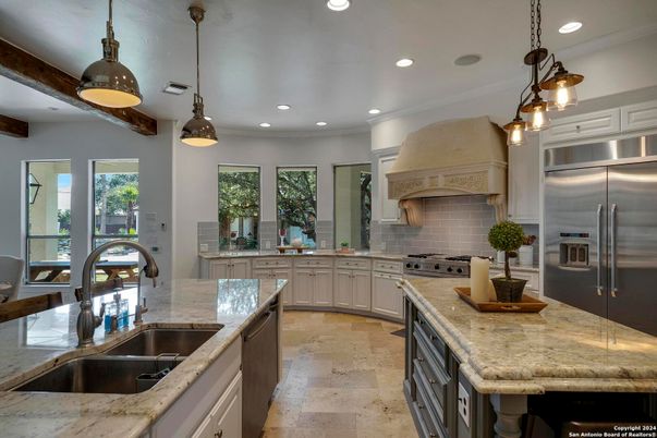 Interior, Kitchen, Pendant Lights, Recessed Lighting, Stainless Steel Appliances, Wooden Beams