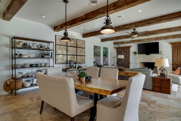 Dining room, Fireplace, Interior, Living room, Pendant Lights, Recessed Lighting, Wooden Beams