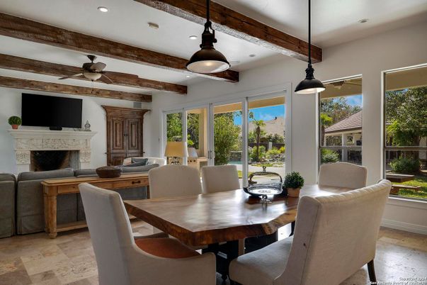 Dining room, Fireplace, Interior, Living room, Pendant Lights, Recessed Lighting, Wooden Beams