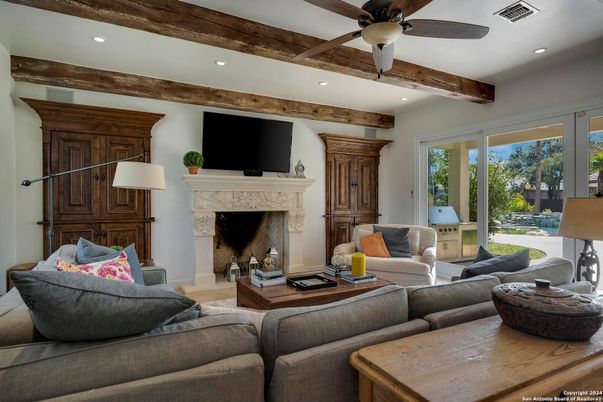 Fireplace, Interior, Living room, Recessed Lighting, Wooden Beams