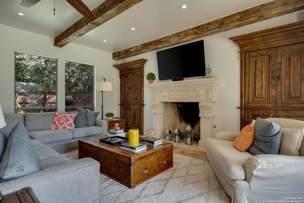 Fireplace, Interior, Living room, Recessed Lighting, Wooden Beams