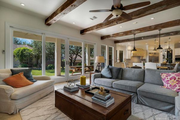 Dining room, Interior, Kitchen, Living room, Pendant Lights, Recessed Lighting, Stainless Steel Appliances, Wooden Beams