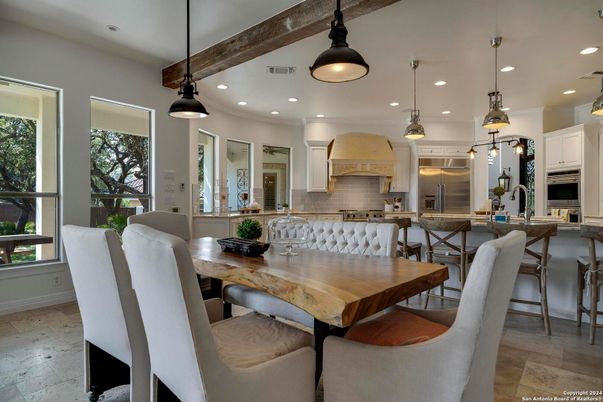 Dining room, Interior, Kitchen, Pendant Lights, Recessed Lighting, Stainless Steel Appliances, Wooden Beams
