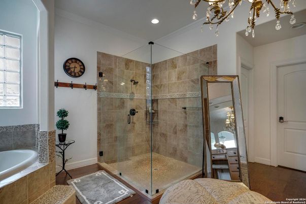 Bathroom, Glass Shower, Interior, Recessed Lighting, Wood Texture Flooring