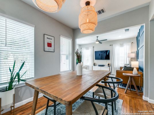 Dining room, Interior, Living room, Pendant Lights, Recessed Lighting, Wood Texture Flooring