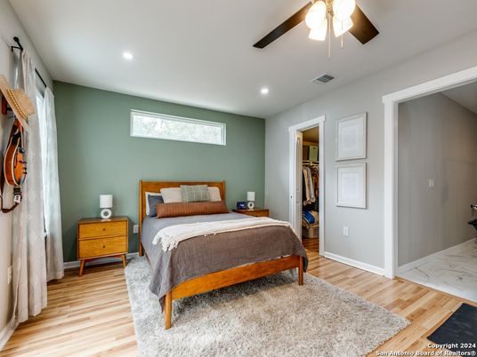 Bedroom, Interior, Marble, Recessed Lighting, Wood Texture Flooring