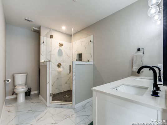 Bathroom, Glass Shower, Interior, Marble, Marble Walls, Recessed Lighting