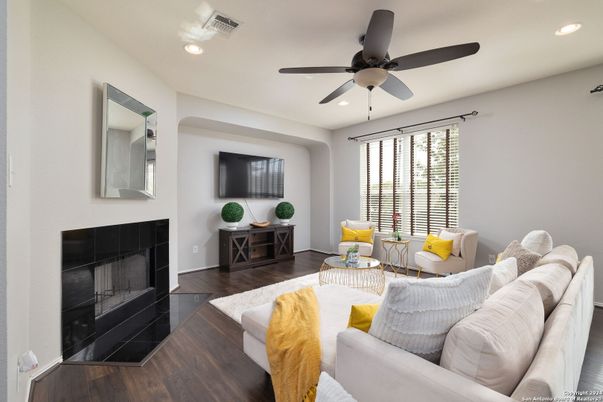 Fireplace, Interior, Living room, Recessed Lighting, Wood Texture Flooring