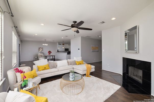Dining room, Fireplace, Interior, Kitchen, Living room, Pendant Lights, Recessed Lighting, Wood Texture Flooring