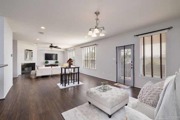 Fireplace, Interior, Living room, Pendant Lights, Recessed Lighting, Wood Texture Flooring