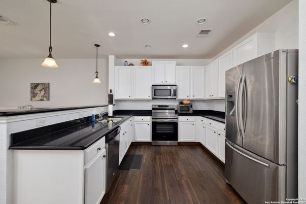Interior, Kitchen, Pendant Lights, Recessed Lighting, Stainless Steel Appliances, Wood Texture Flooring