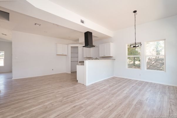 Empty room, Interior, Kitchen, Pendant Lights, Wood Texture Flooring