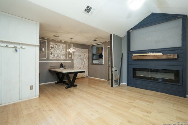 Fireplace, Interior, Pendant Lights, Wood Texture Flooring