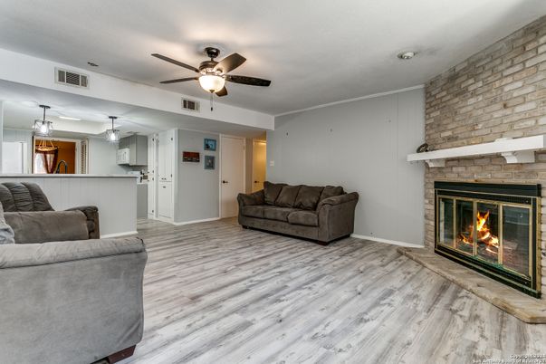 Fireplace, Interior, Pendant Lights, Stone Walls, Wood Texture Flooring