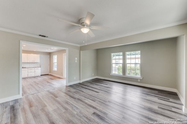 Empty room, Interior, Kitchen, Recessed Lighting, Wood Texture Flooring