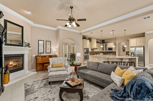 Fireplace, Interior, Kitchen, Living room, Pendant Lights, Recessed Lighting, Stainless Steel Appliances