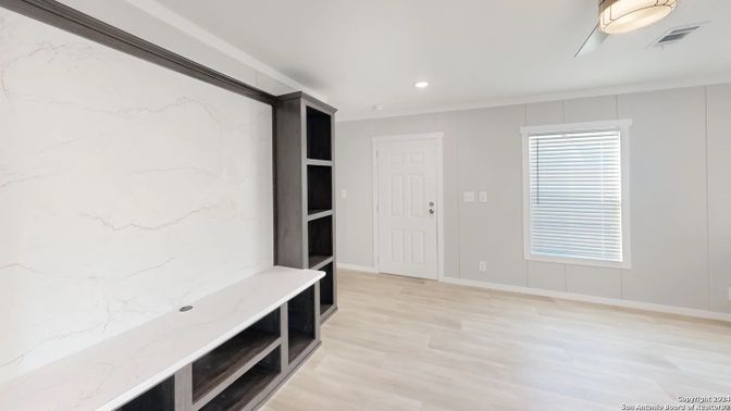 Empty room, Interior, Marble Walls, Recessed Lighting, Wood Texture Flooring