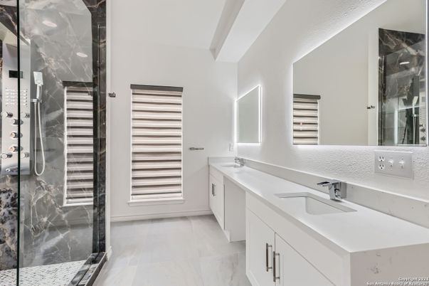 Bathroom, Dual Sink Vanities, Glass Shower, Interior, Marble