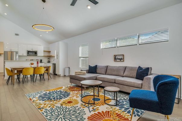Dining room, Interior, Kitchen, Living room, Pendant Lights, Recessed Lighting, Stainless Steel Appliances, Wood Texture Flooring