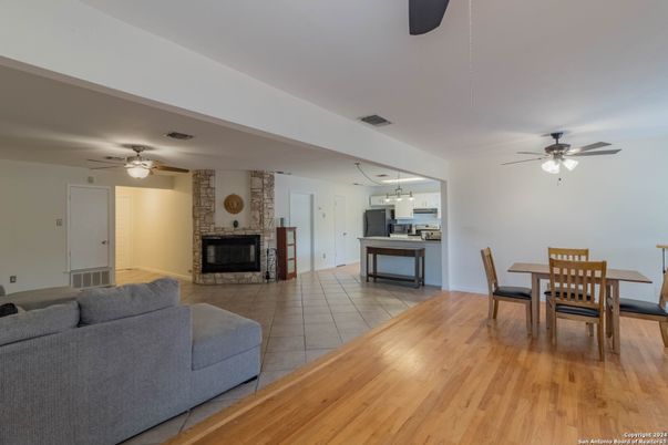 Dining room, Fireplace, Interior, Kitchen, Living room, Wood Texture Flooring