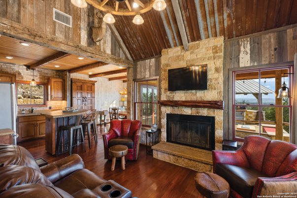 Dining room, Fireplace, Interior, Kitchen, Living room, Pendant Lights, Recessed Lighting, Stone Walls, Wooden Beams, Wooden Ceilings, Wood Texture Flooring