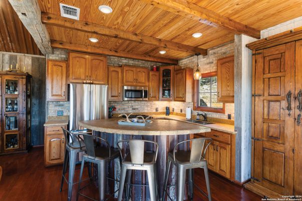 Interior, Kitchen, Pendant Lights, Recessed Lighting, Stainless Steel Appliances, Wooden Beams, Wooden Ceilings, Wood Texture Flooring