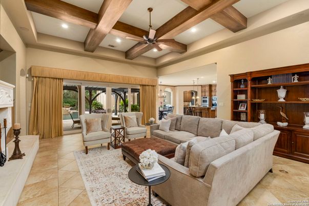 Interior, Living room, Pendant Lights, Recessed Lighting, Wooden Beams