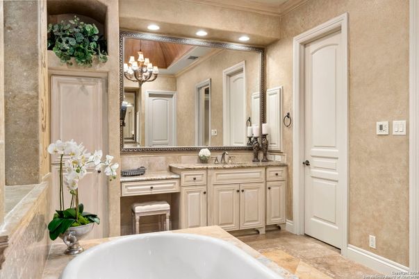 Bathroom, Chandelier, Dual Sink Vanities, Interior, Recessed Lighting