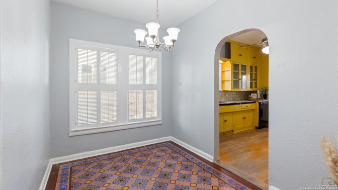 Chandelier, Empty room, Interior, Kitchen, Pendant Lights, Wood Texture Flooring