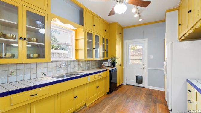 Interior, Kitchen, Tile Countertops, Wood Texture Flooring