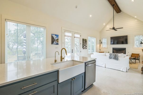 Fireplace, Interior, Kitchen, Living room, Recessed Lighting, Stainless Steel Appliances, Wooden Beams