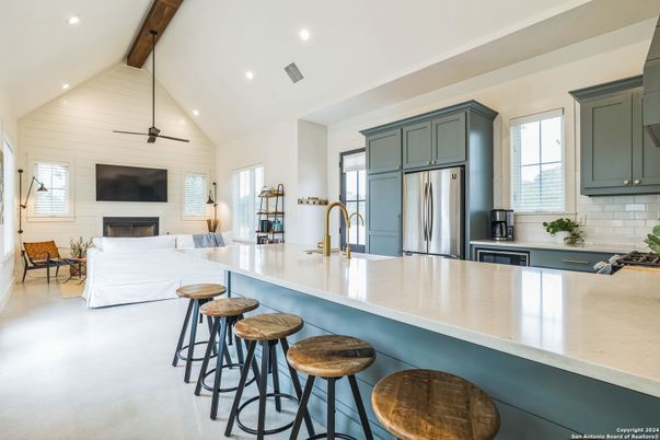 Fireplace, Interior, Kitchen, Living room, Recessed Lighting, Stainless Steel Appliances, Wooden Beams