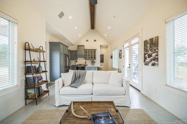 Interior, Kitchen, Living room, Recessed Lighting, Stainless Steel Appliances, Wooden Beams, Wood Texture Flooring