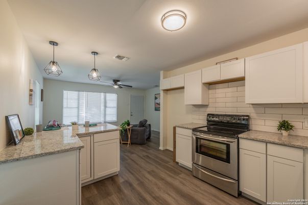 Interior, Kitchen, Pendant Lights, Stainless Steel Appliances, Wood Texture Flooring