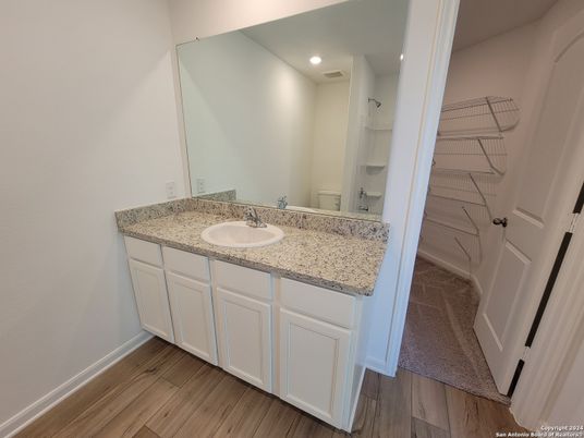 Bathroom, Dual Sink Vanities, Interior, Recessed Lighting, Wood Texture Flooring