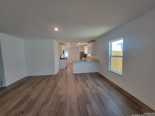 Empty room, Interior, Kitchen, Pendant Lights, Recessed Lighting, Wood Texture Flooring