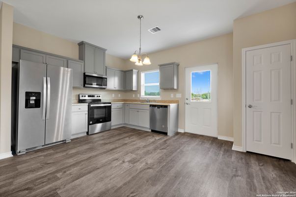 Interior, Kitchen, Pendant Lights, Stainless Steel Appliances, Wood Texture Flooring