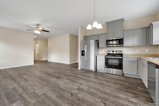 Interior, Kitchen, Pendant Lights, Stainless Steel Appliances, Wood Texture Flooring