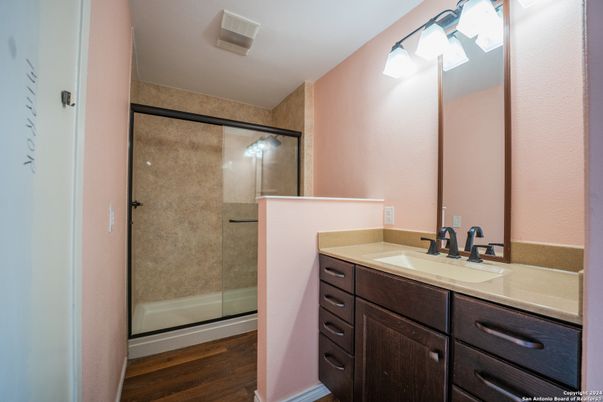 Bathroom, Glass Shower, Interior, Wood Texture Flooring