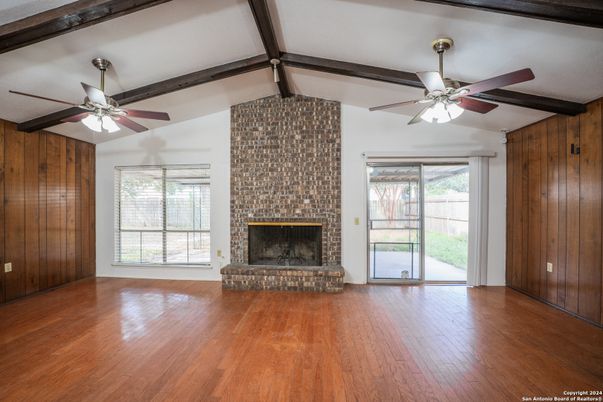 Empty room, Fireplace, Interior, Wooden Beams, Wood Texture Flooring, Wooden Walls