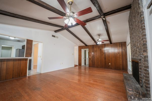 Empty room, Fireplace, Interior, Wooden Beams, Wood Texture Flooring
