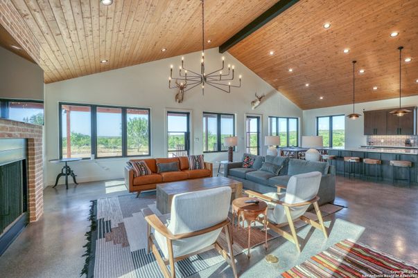 Fireplace, Interior, Living room, Pendant Lights, Recessed Lighting, Wooden Beams, Wooden Ceilings