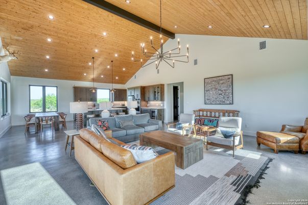 Dining room, Interior, Kitchen, Living room, Pendant Lights, Recessed Lighting, Wooden Beams, Wooden Ceilings, Wood Texture Flooring