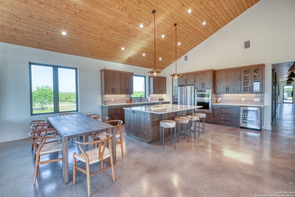 Dining room, Interior, Kitchen, Pendant Lights, Recessed Lighting, Stainless Steel Appliances, Wooden Ceilings